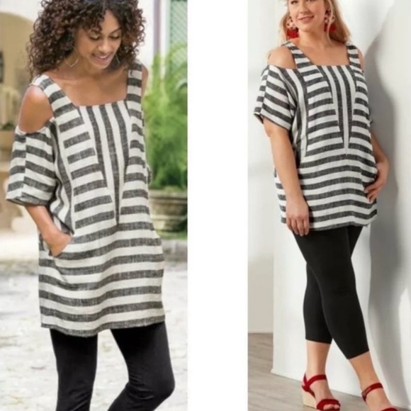 Soft Surroundings Tops - Soft Surroundings Linen Short Sleeve Striped Tunic Cold Shoulder Pocketed Medium